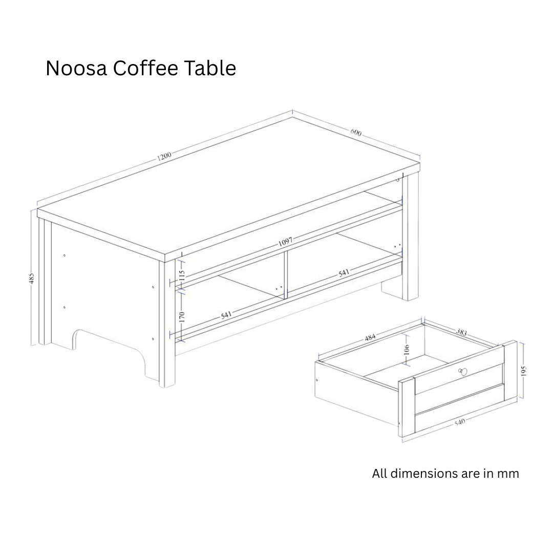 Noosa Coffee Table White Oak 2 Shelf and 2 Drawers