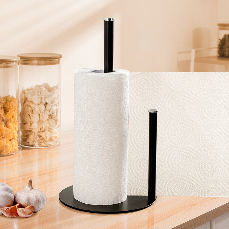 Iron Double Pole Paper Towel Holder for Kitchen Countertop Cling Film Storage Rack-Black