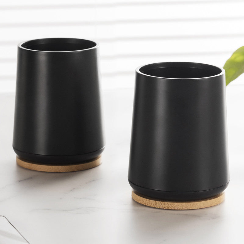 Plastic Toothbrush Cup with Bamboo Base Household Bathroom Essential-Black