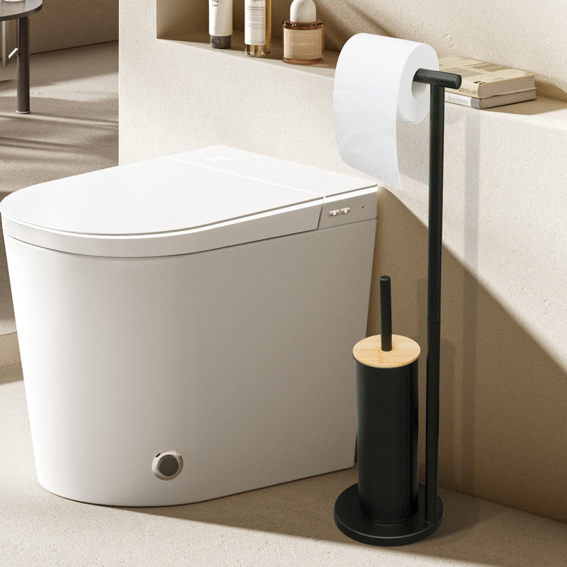 2-in-1 Iron Floor Standing Roll Paper Holder and Bamboo Lid Toilet Brush For Bathroom and Toilet-Black