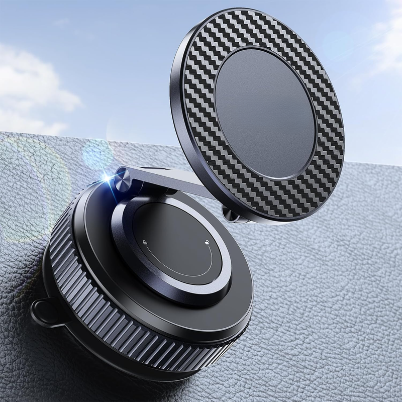 Suction Phone Mount for Car Dashboard/Windshield - 360°Adjustable Magnetic Phone Holder for Car, Foldable Car Phone Holder for iPhone Series (Carbon Fiber & Aluminum Alloy)