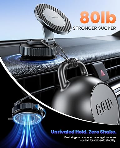 Suction Phone Mount for Car Dashboard/Windshield - 360°Adjustable Magnetic Phone Holder for Car, Foldable Car Phone Holder for iPhone Series (Carbon Fiber & Aluminum Alloy)