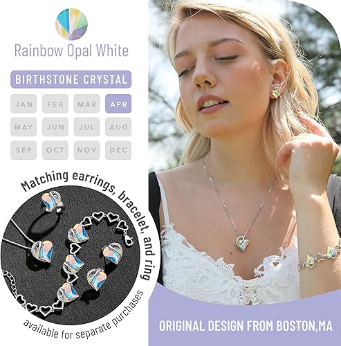 Infinity Love Heart Necklace, Birthstone Necklace for Women, Jewelry for Women with Healing Crystals, Allergy Free Pendant Necklace-04-April-Rainbow Opal White