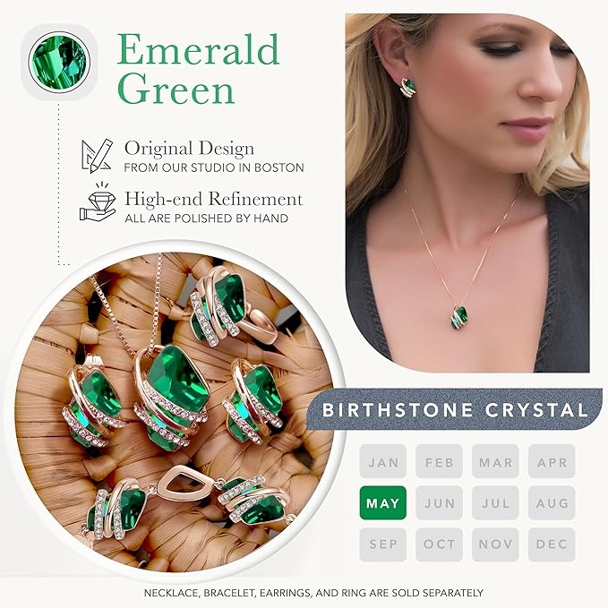 Wish Stone Pendant Necklace, Necklaces for Women with Birthstone Crystals, Allergy-Free Jewelry for Women with Gift Box, 21K Rose Gold Plated or Silver-tone Birthstone Necklace for Women-05-May Birthstone-Emerald Green