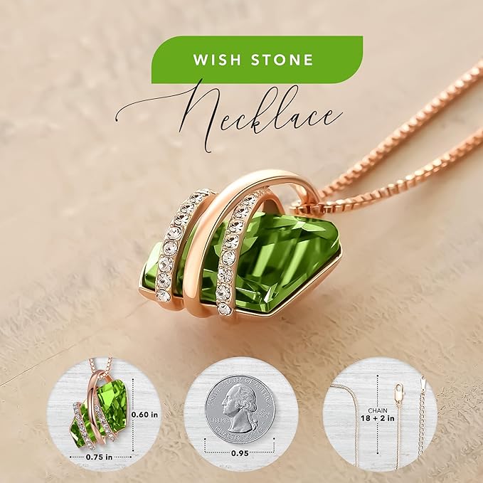 Wish Stone Pendant Necklace, Necklaces for Women with Birthstone Crystals, Allergy-Free Jewelry for Women with Gift Box, 23K Rose Gold Plated or Silver-tone Birthstone Necklace for Women-08-August Birthstone-Peridot Green