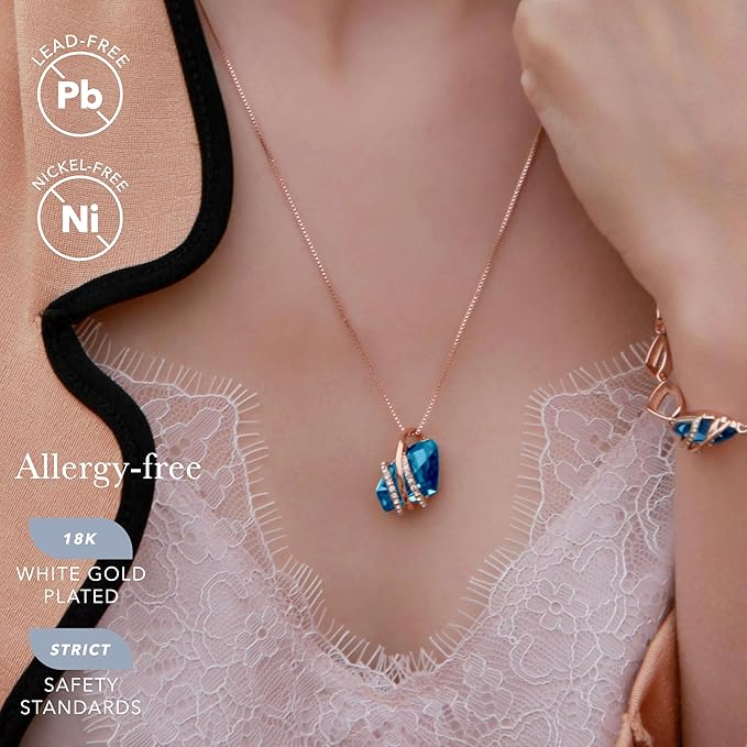 Wish Stone Pendant Necklace, Necklaces for Women with Birthstone Crystals, Allergy-Free Jewelry for Women with Gift Box, 28K Rose Gold Plated or Silver-tone Birthstone Necklace for Women- 12-December Birthstone-Zircon Blue