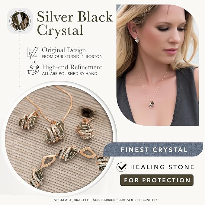 Wish Stone Pendant Necklace, Necklaces for Women with Birthstone Crystals, Allergy-Free Jewelry for Women with Gift Box, 29K Rose Gold Plated or Silver-tone Birthstone Necklace for Women-Healing Stone for Protection - Silver Black