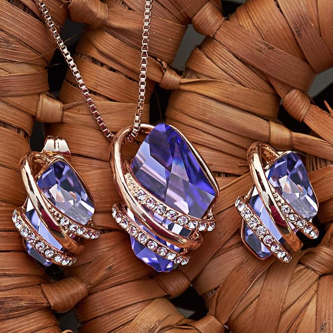 Infinity Love Heart Birthstone Earrings for Women, Crystal Stud Earrings with Healing Stones, Allergy-Free Jewelry for Women with Gift Box, Silver-tone Birthstone Crystals Earrings-02-February Birthstone-Tanzanite Purple