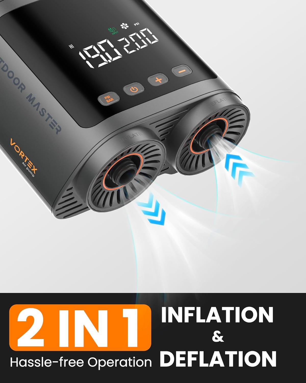 OutdoorMaster Vortex Paddle Board Pump Electric Portable, Max 20PSI SUP Air Pump Inflator & Deflator, 12V/15.8V DC Input, Auto Off & Cooling, 8 Nozzles Pump for Paddle Board, Inflatables - No Battery