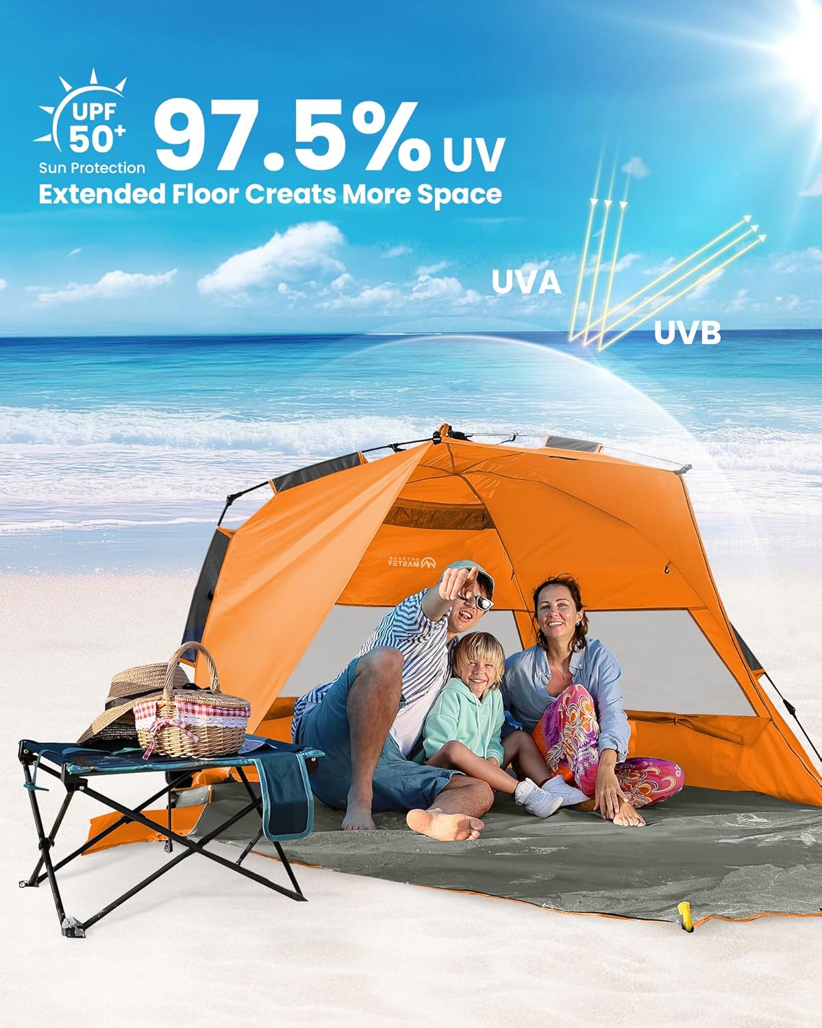 OutdoorMaster Pop Up 3-4 Person Beach Tent X-Large - Easy Setup, Portable Beach Shade Canopy Folding Sun Shelter with UPF 50+ UV Protection Removable Skylight Family Size (Orange)