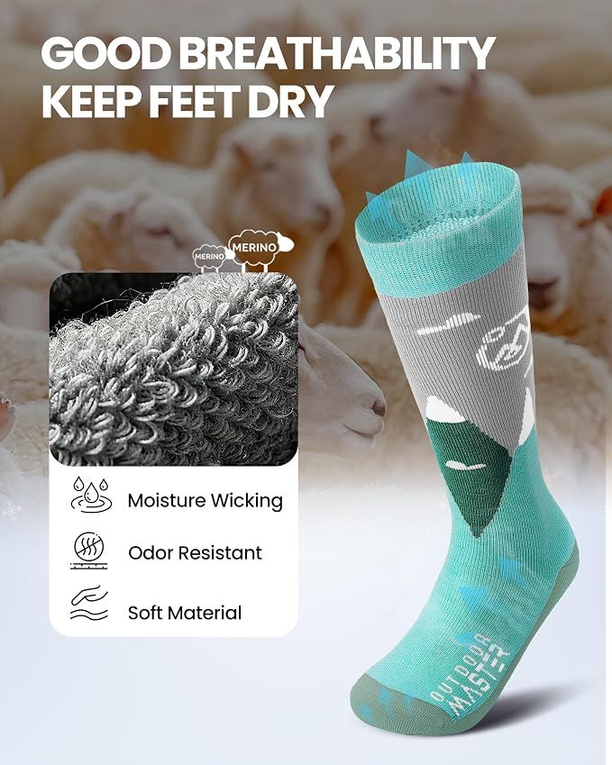 OutdoorMaster Merino Wool Ski Socks for Kids Boys & Girls Thermal Winter Warm Snowboarding Cold Weather-2 Pack,Small