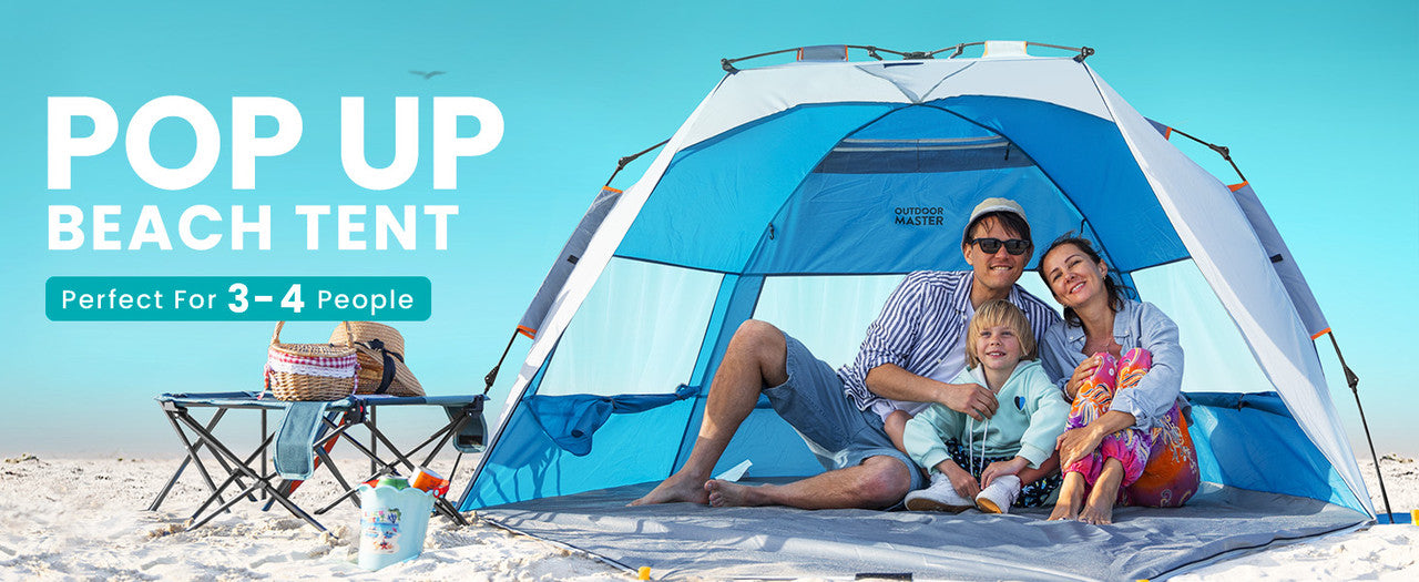 OutdoorMaster Pop Up 3-4 Person Beach Tent X-Large - Easy Setup, Portable Beach Shade Canopy Folding Sun Shelter with UPF 50+ UV Protection Removable Skylight Family Size (Blue)