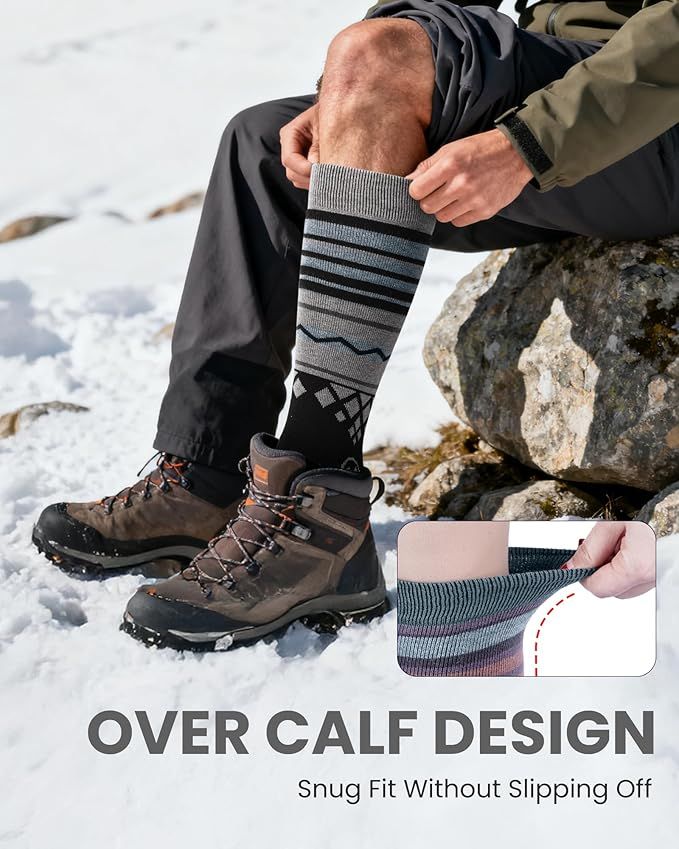 OutdoorMaster Ski Socks 2-Pack Merino Wool, Over The Calf Non-Slip Cuff for Men & Women-Black,Large