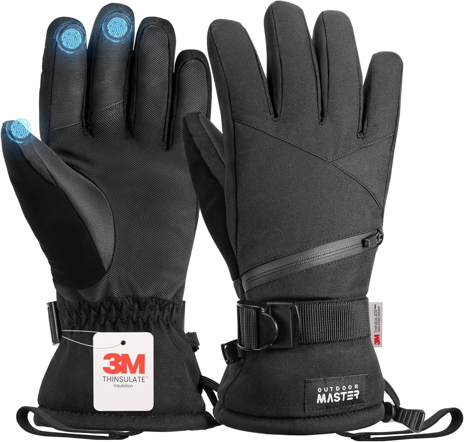 OutdoorMaster Ski Snow Gloves for Women & Men - 3M Thinsulate Waterproof Snowboard Winter Warm Windproof Snowmobile Gloves with Double-Pocket-Black,Medium