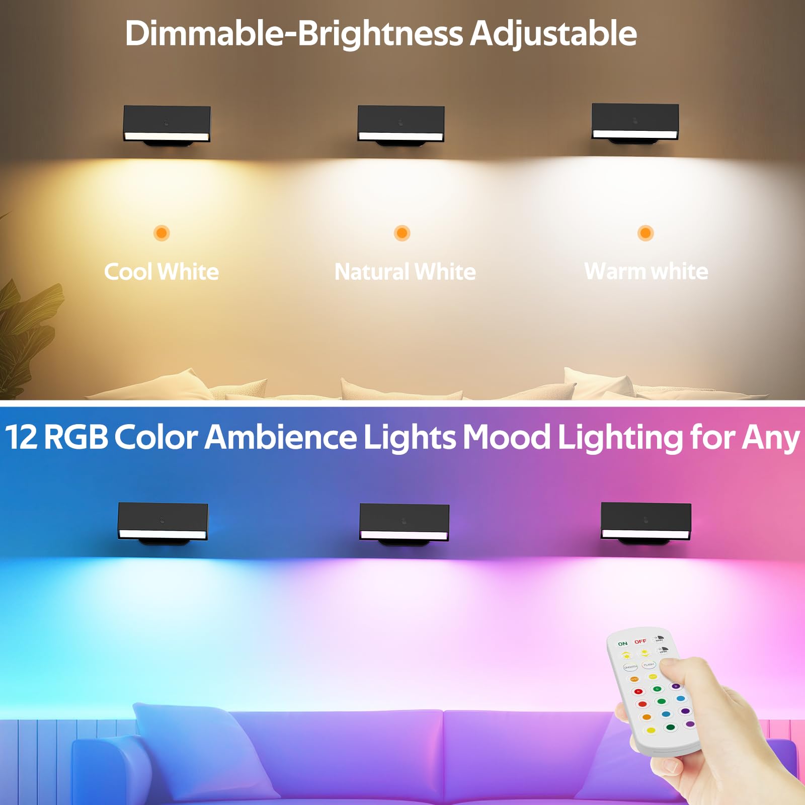 LED Wall Lights 2 Pack with Remote,Wall Sconces Lamp 3000mAh Rechargeable Battery Operated,3 Color Temperatures & 12 RGB Dimmable Magnetic 360° Rotation Cordless Light (Black)
