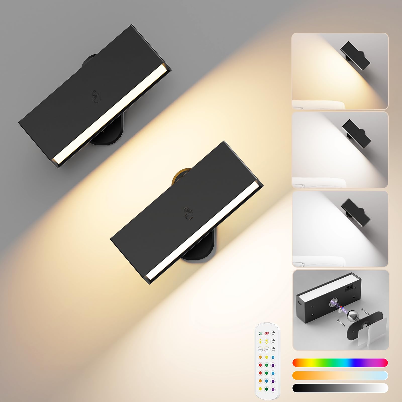 LED Wall Lights 2 Pack with Remote,Wall Sconces Lamp 3000mAh Rechargeable Battery Operated,3 Color Temperatures & 12 RGB Dimmable Magnetic 360° Rotation Cordless Light (Black)