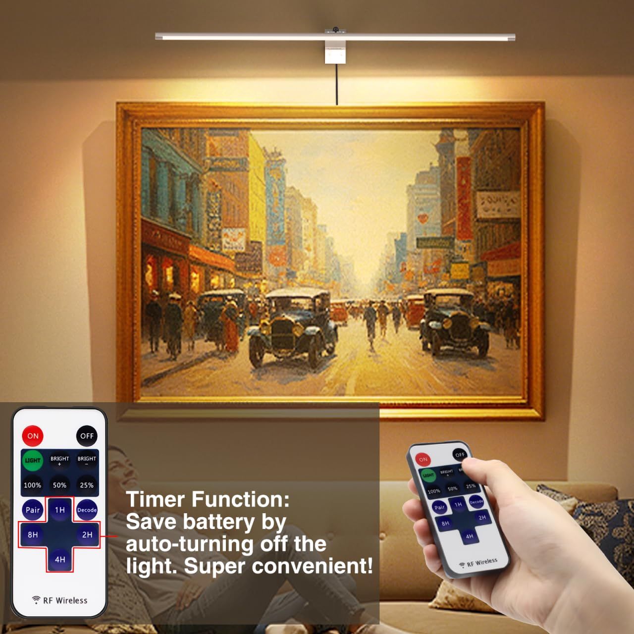 Picture Light for Wall Plug in 24inch, Dimmable LED Art Photo Light with Remote, 3000K Warm White Wall Lights with On/Off Switch Display for Picture, Gallery, Painting, Frame (Silver)