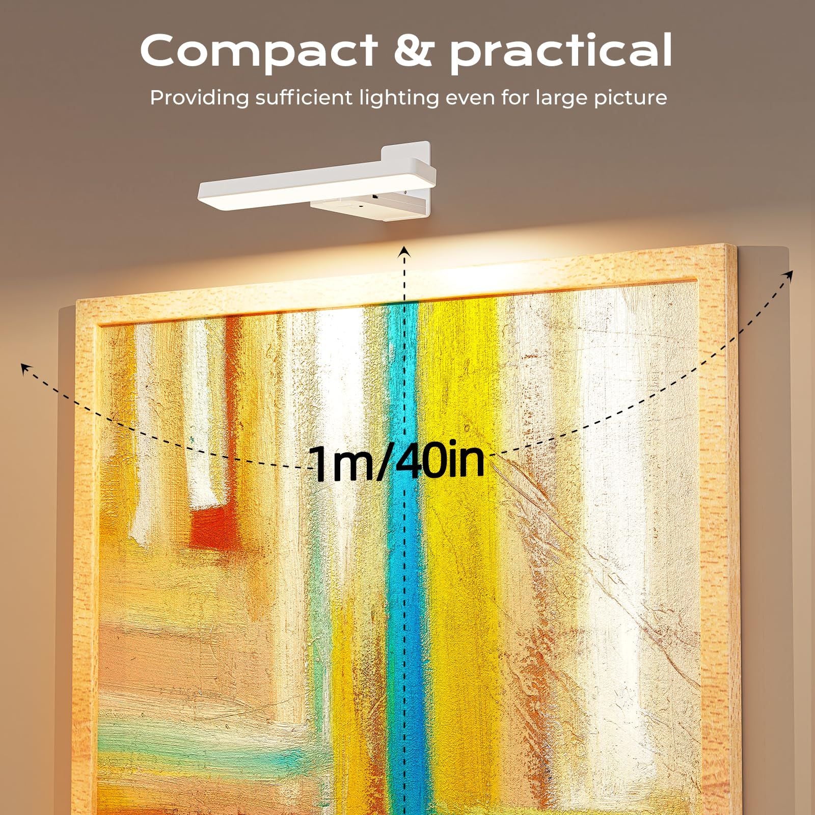 White Rechargeable Picture Light with Remote, Dimmable 3 Colour LED Wall Light for Artwork, Frames, Mirrors and Gallery Walls