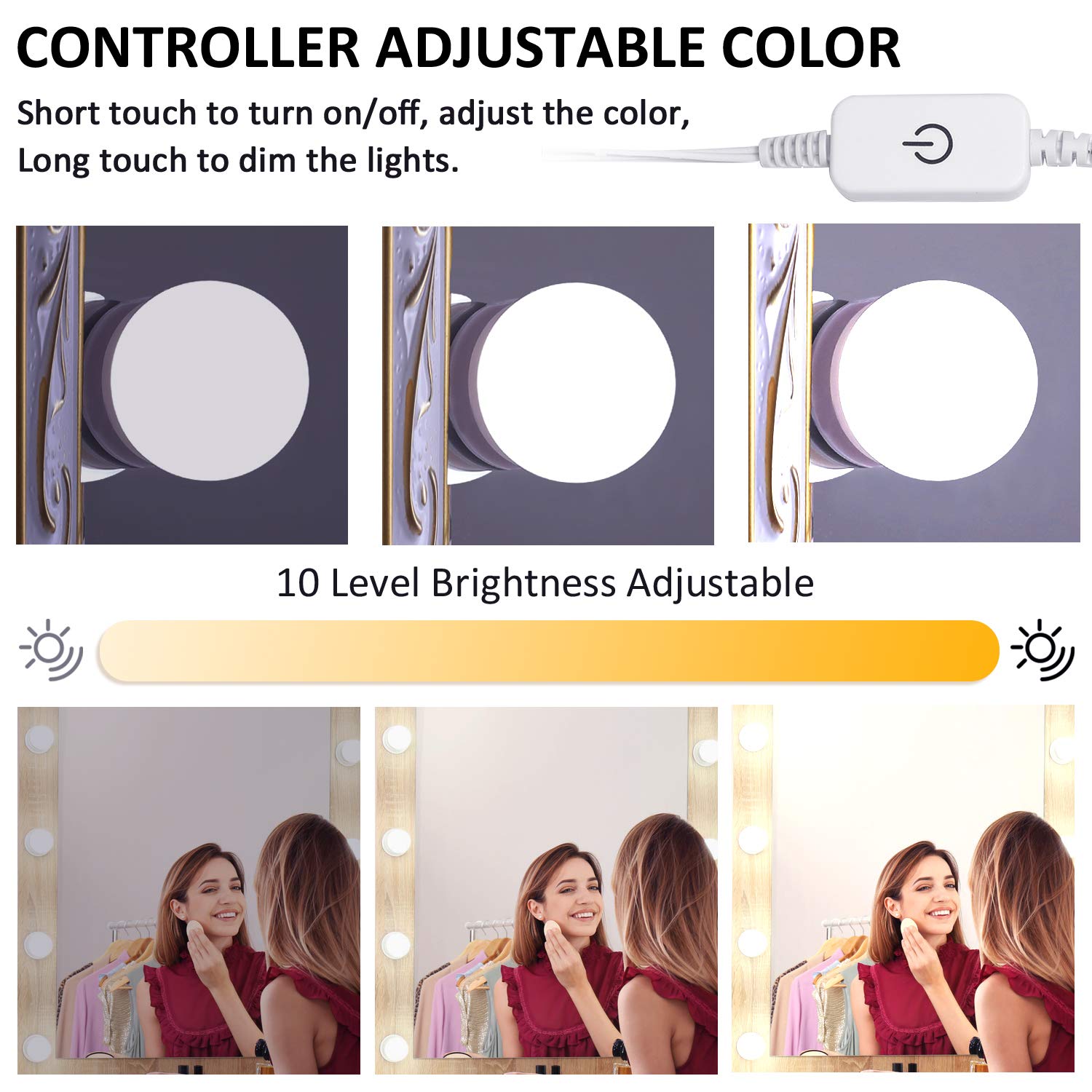 LED Makeup Vanity Lights with 14 Dimmable Light Bulbs, Hollywood Style Cosmetic Mirror Lights, USB Cable, 3 Color Modes for Dressing Room Tabletop Bedroom