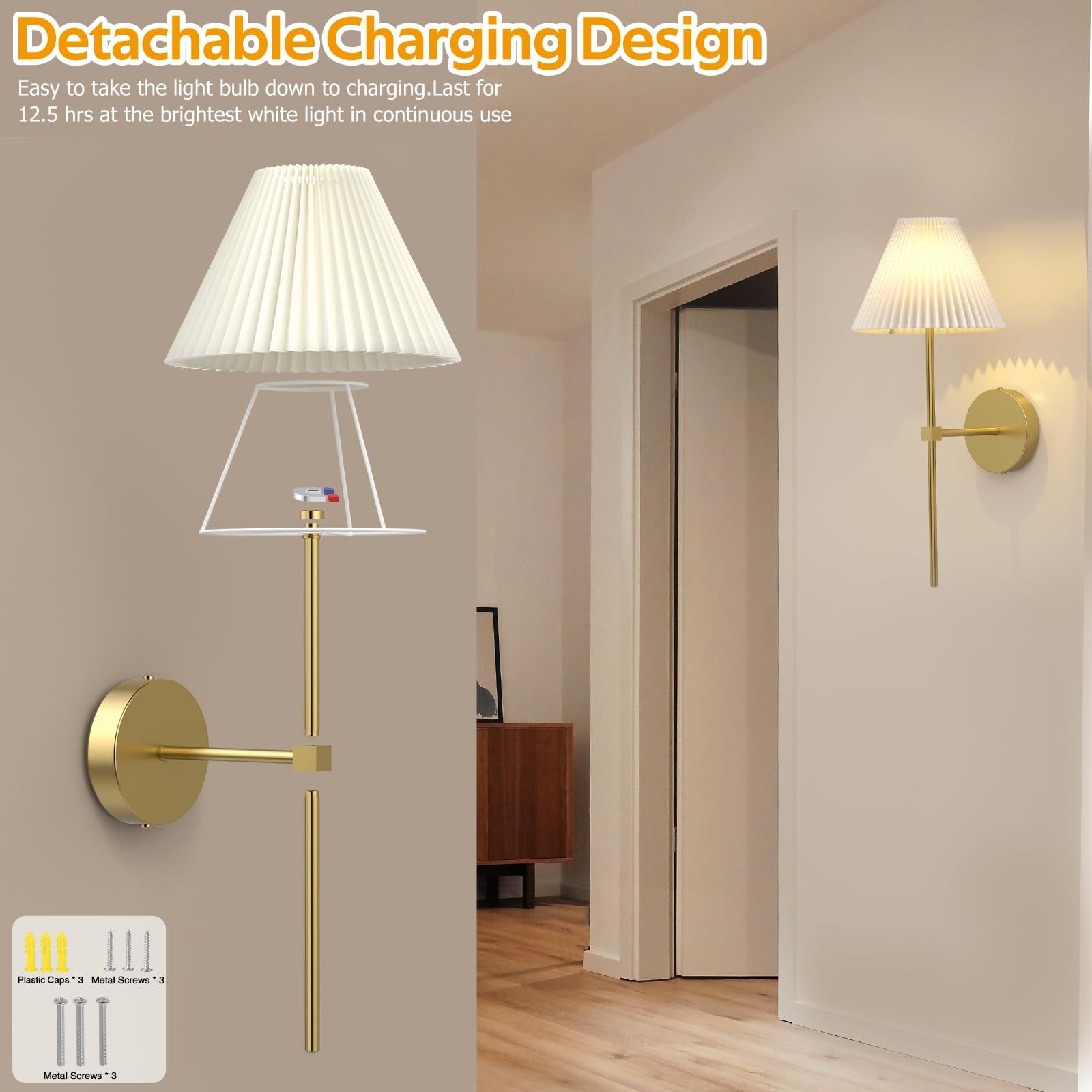 Battery Operated Wall Sconces Set of 2,Gold Rechargeable Wall Lights with Remote,3000mAh Dimmable 3 Timer Magnetic Bulbs,Indoor Wireless Lamps for Bedroom Living Room Hallway Bathroom