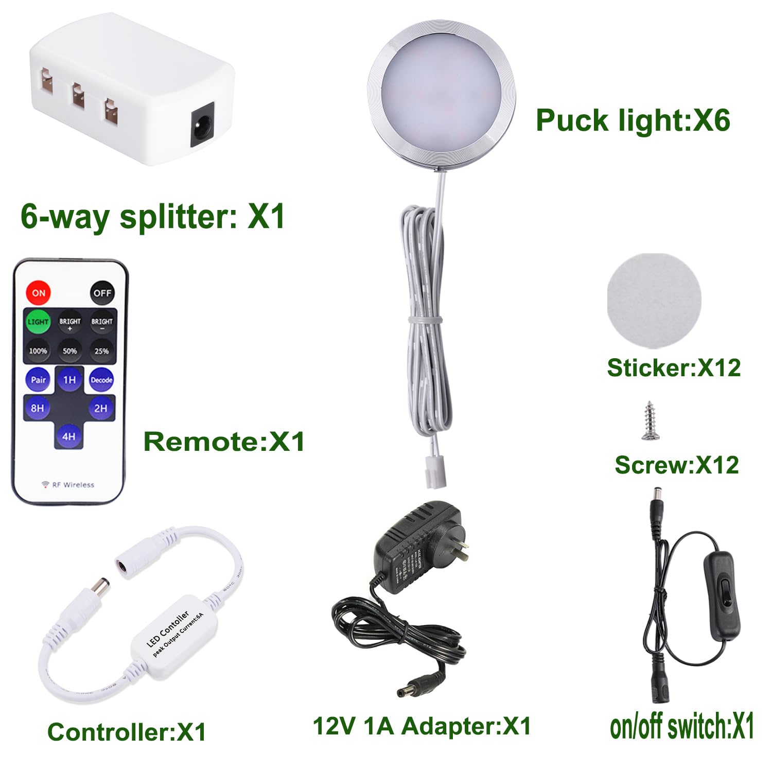 Dimmable LED Under Cabinet Lighting, Counter Showcase Kitchen Lighting Fixtures with 12V Plug in Adapter and Dimmable Wireless Remote Control, 6 Ultra Slim Puck Lights Kit