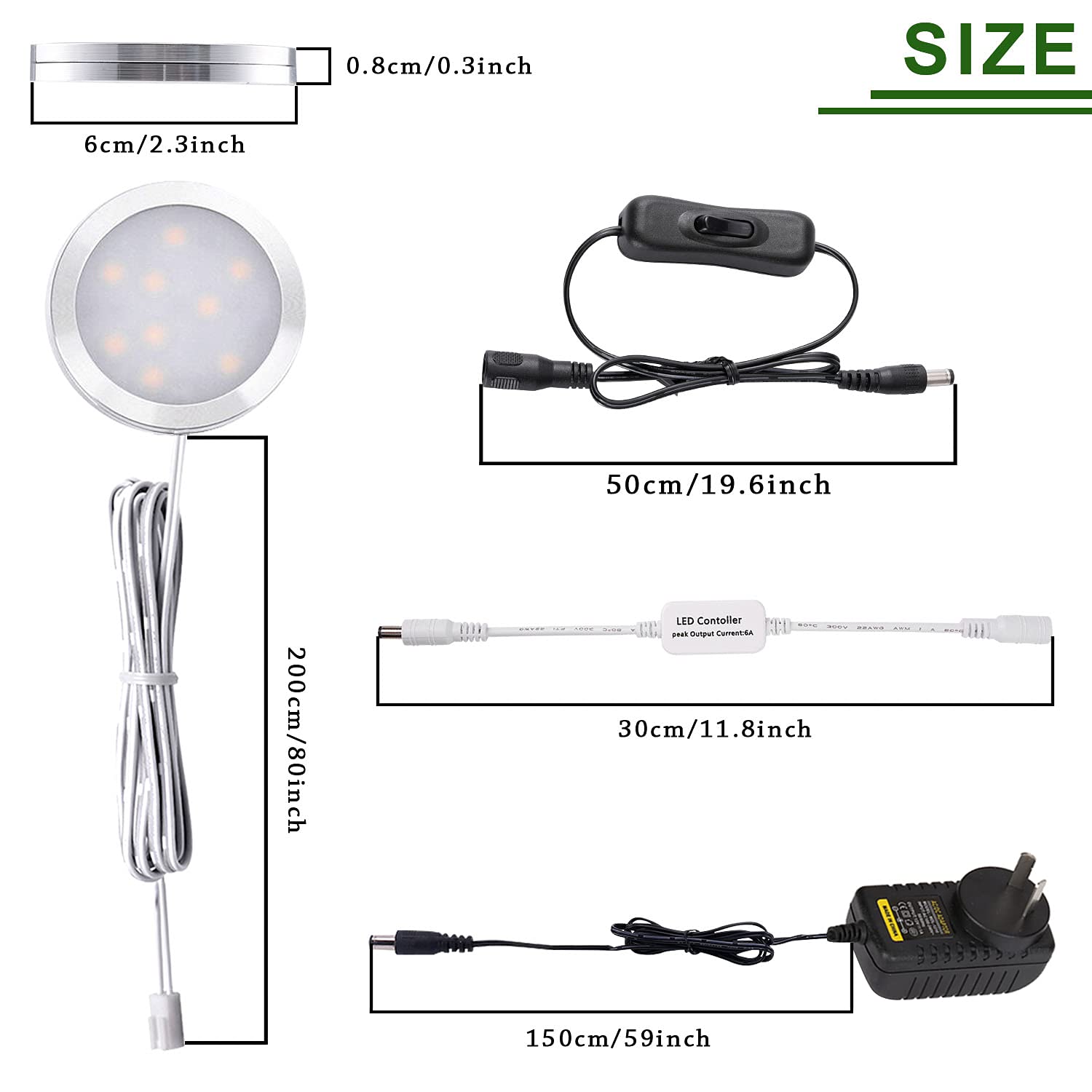 Dimmable LED Under Cabinet Lighting, Counter Showcase Kitchen Lighting Fixtures with 12V Plug in Adapter and Dimmable Wireless Remote Control, 6 Ultra Slim Puck Lights Kit (Daylight White)