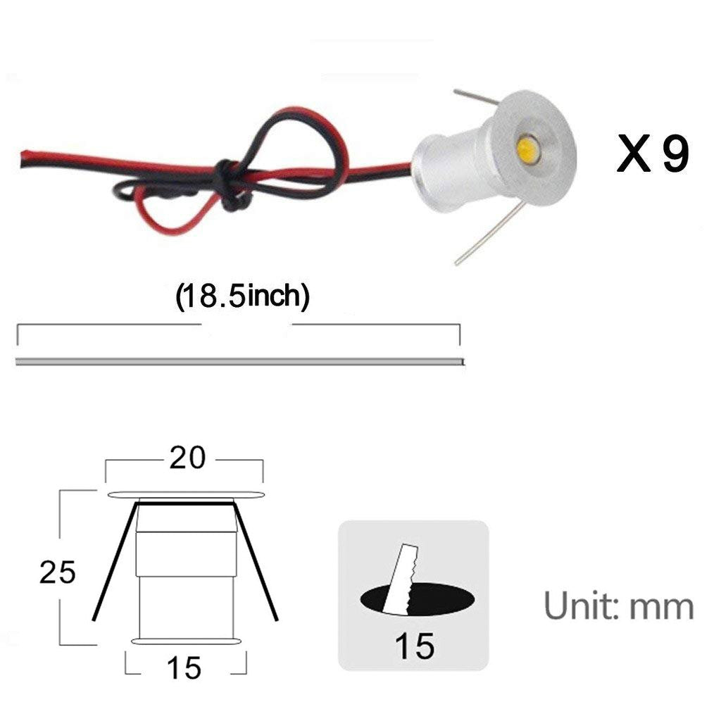 12V Under Cabinet LED Lights 9 Packs of Recessed Mini Downlights for Indoor with Hard Wired Cable and Connectors for Stair Step Furniture Showcase Lighting (Warm White)
