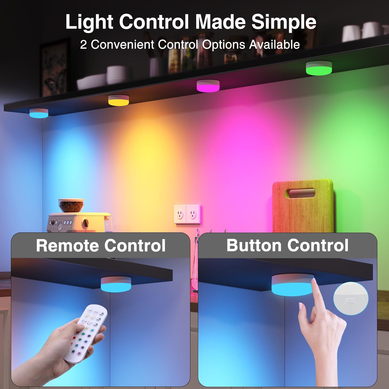 Puck Lights with Remote Control, 4-Pack Wireless Stick On Lights for Under Cabinet, Closet, Bedroom, Staircase & Bookshelf, 3000mAh Battery Operated Color Changing Lighting (RGB&CCT)