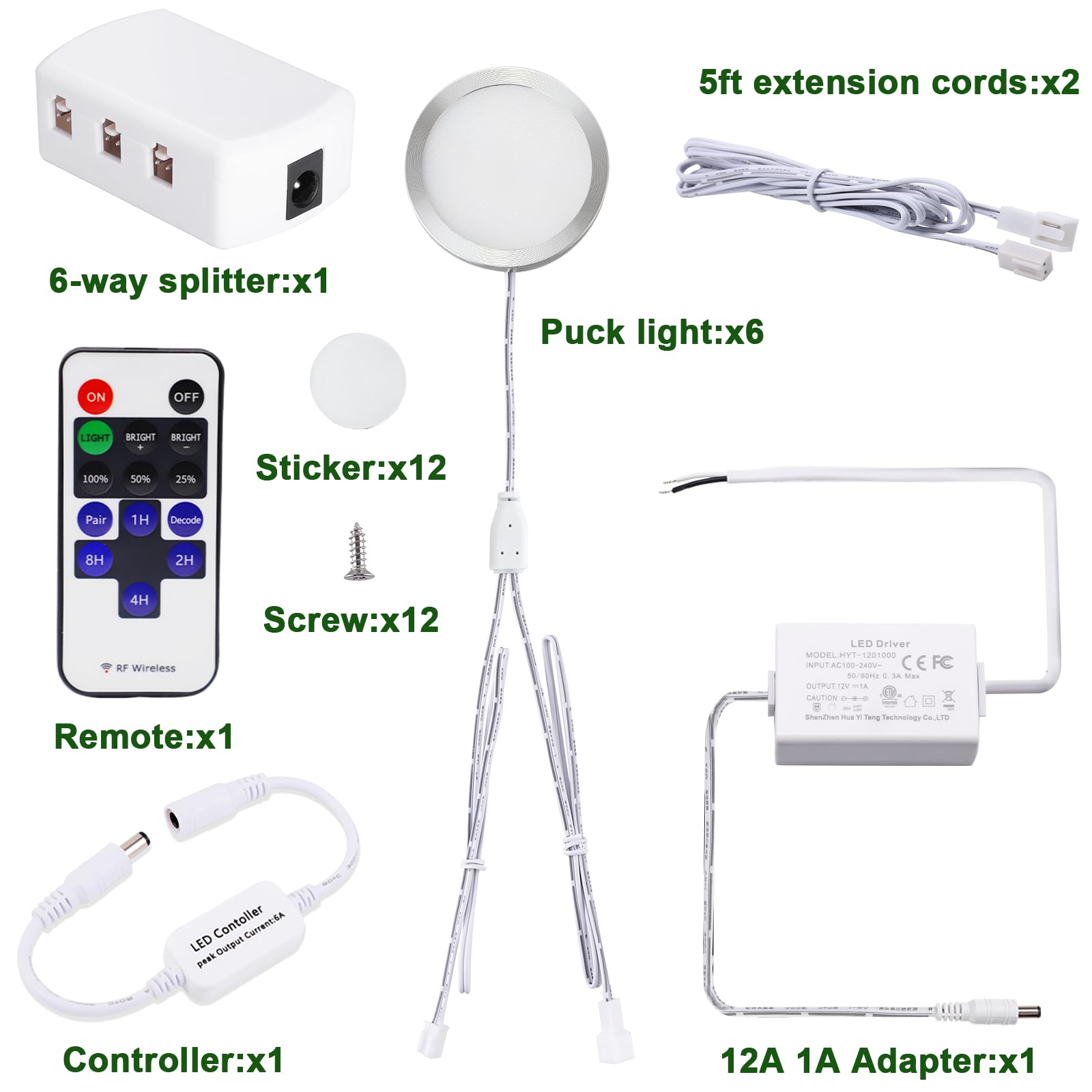 Linkable Under Cabinet LED Lighting 12V Slim Aluminum Dimmable Puck Lights Direct Wired with RF Remote Control for Kitchen Lighting(6pack,Daylight White)