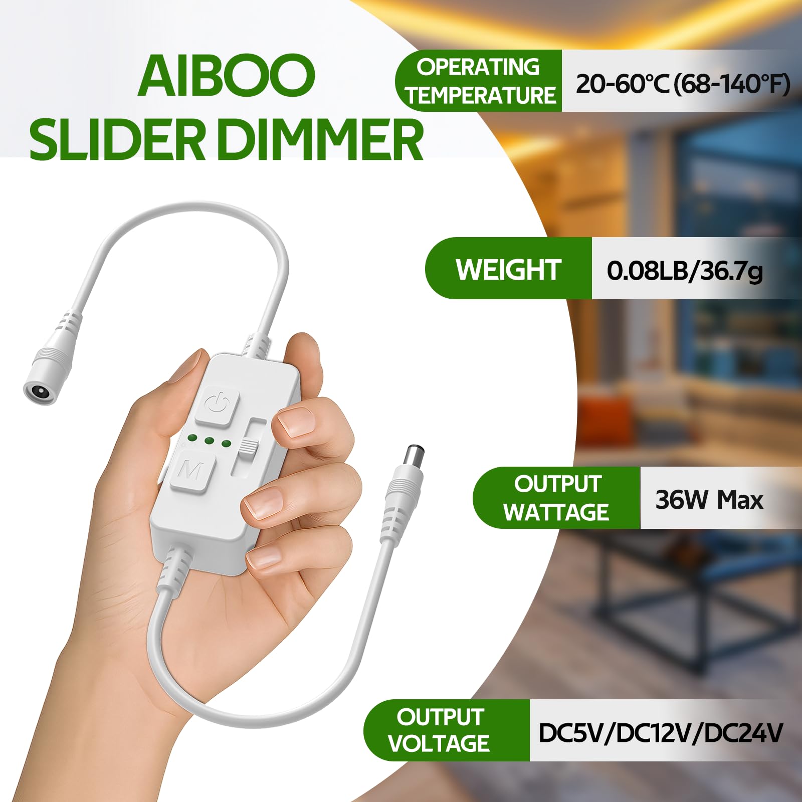 Single Color Slider Dimmer with Timer - PWM 1pc DC 5V/12V/24V LED Controller, 36W Max, Slide Brightness Control & Auto-Off for LED Strip Lights, Closet, Counter, Aquarium Lighting (White)