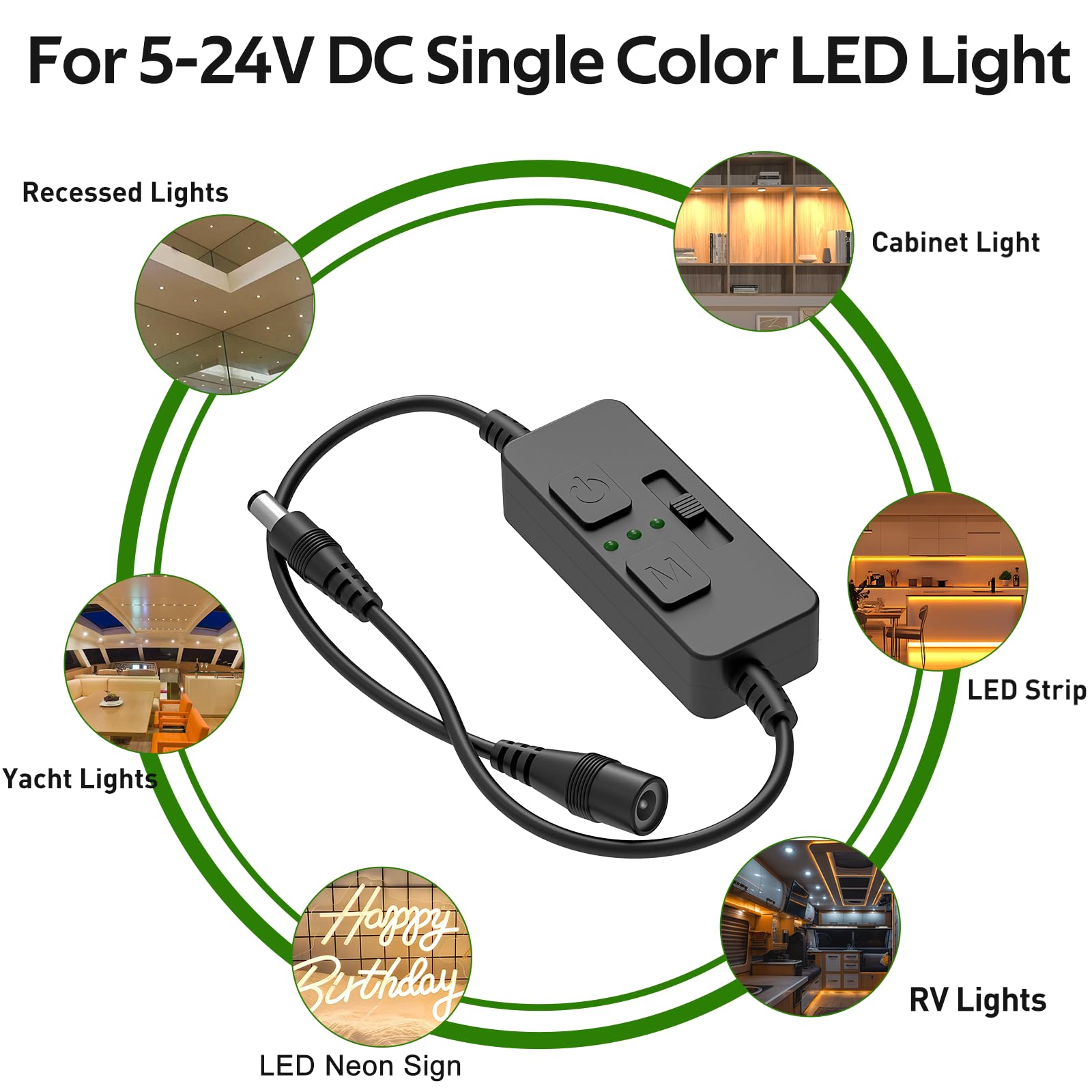 Single Color Slider Dimmer with Timer - PWM 1pc DC 5V/12V/24V LED Controller, 36W Max, Slide Brightness Control & Auto-Off for LED Strip Lights, Closet, Counter, Aquarium Lighting (Black)