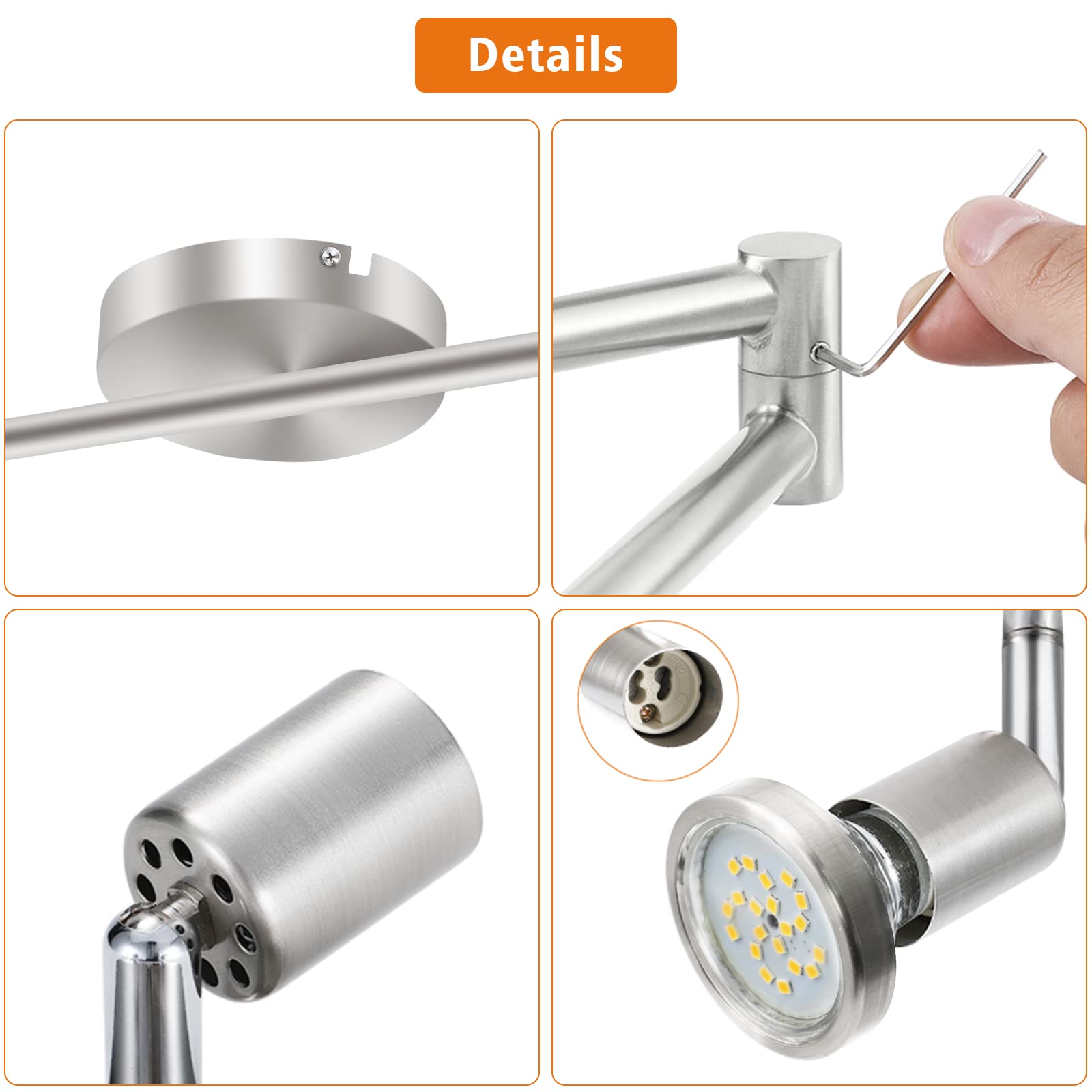 LED Ceiling Light 6 Way Rotatable Spot Lights for Ceiling,Flexible Ceiling Lights for Bedroom,Living Room,Nickel with Protectiv Bulb Trims(Gu10 Bulbs Not Included)