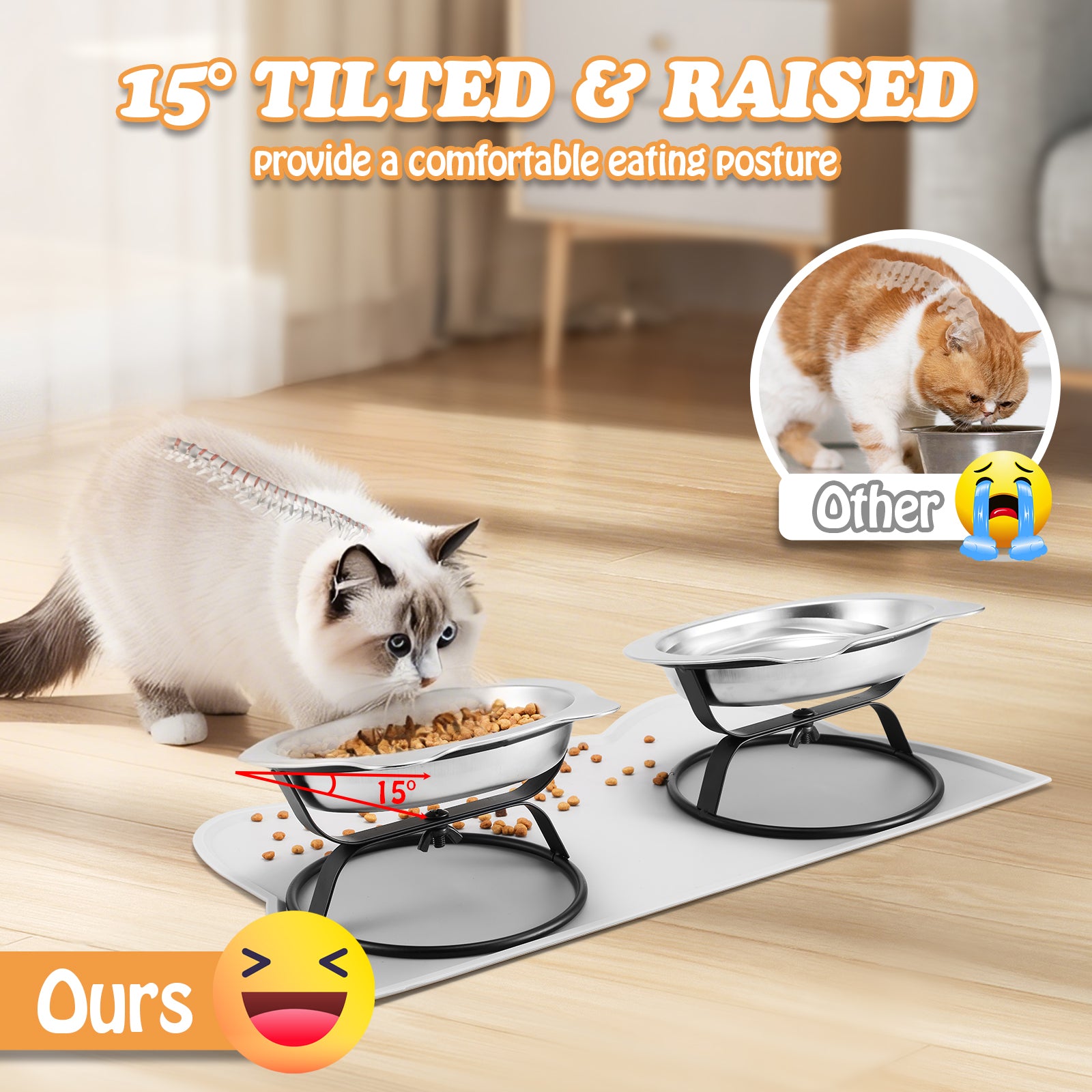 Elevated Cat Bowls with Food Mat & Metal Stand - 7.1" Wide Stainless Steel Whisker Friendly Dishes, 15° Tilt for Cats/Kittens/Small Dogs, Indoor/Outdoor & Travel Use (2-Pack) HBGmao-hao