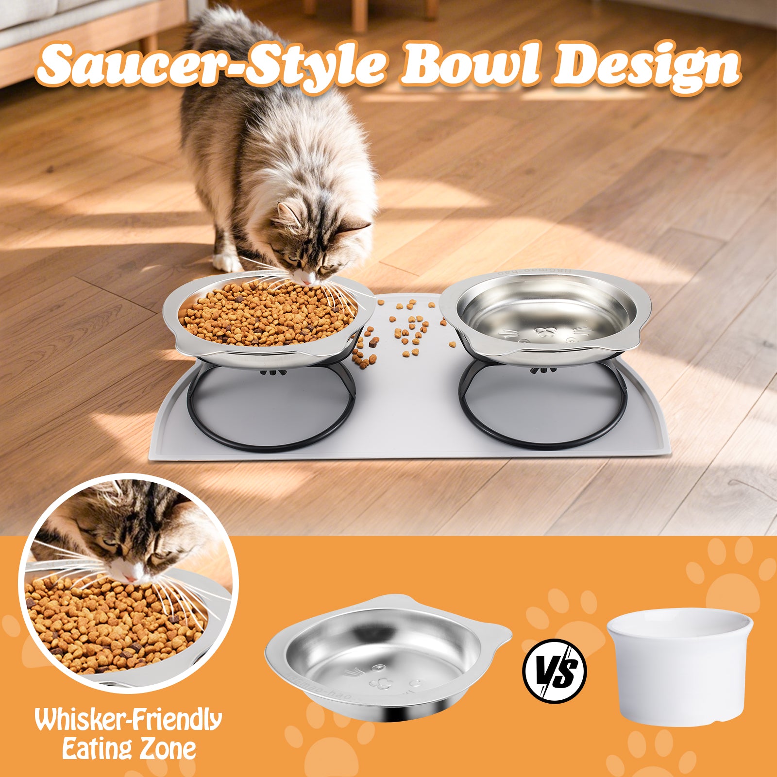 Elevated Cat Bowls with Food Mat & Metal Stand - 7.1" Wide Stainless Steel Whisker Friendly Dishes, 15° Tilt for Cats/Kittens/Small Dogs, Indoor/Outdoor & Travel Use (2-Pack) HBGmao-hao