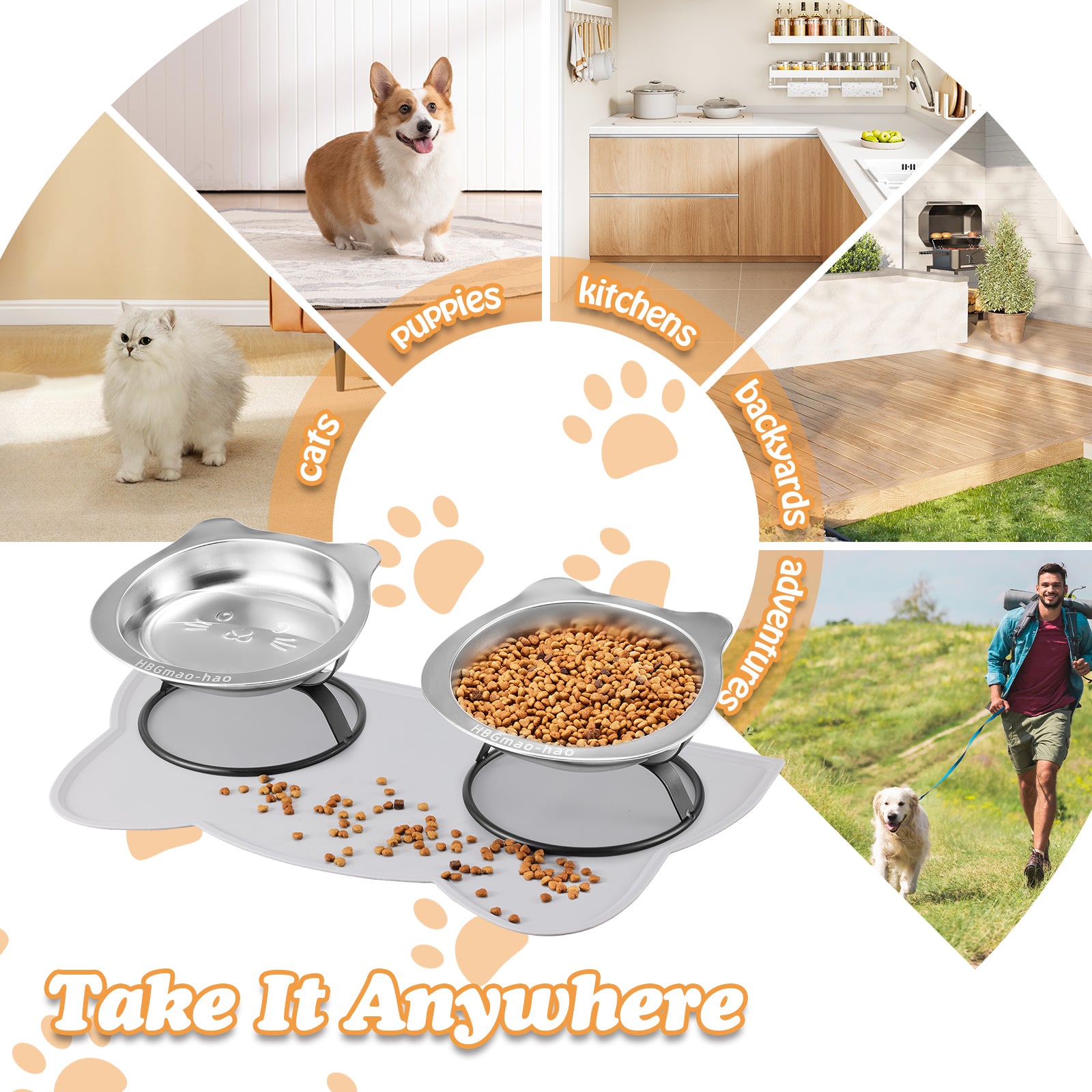 Elevated Cat Bowls with Food Mat & Metal Stand - 7.1" Wide Stainless Steel Whisker Friendly Dishes, 15° Tilt for Cats/Kittens/Small Dogs, Indoor/Outdoor & Travel Use (2-Pack) HBGmao-hao
