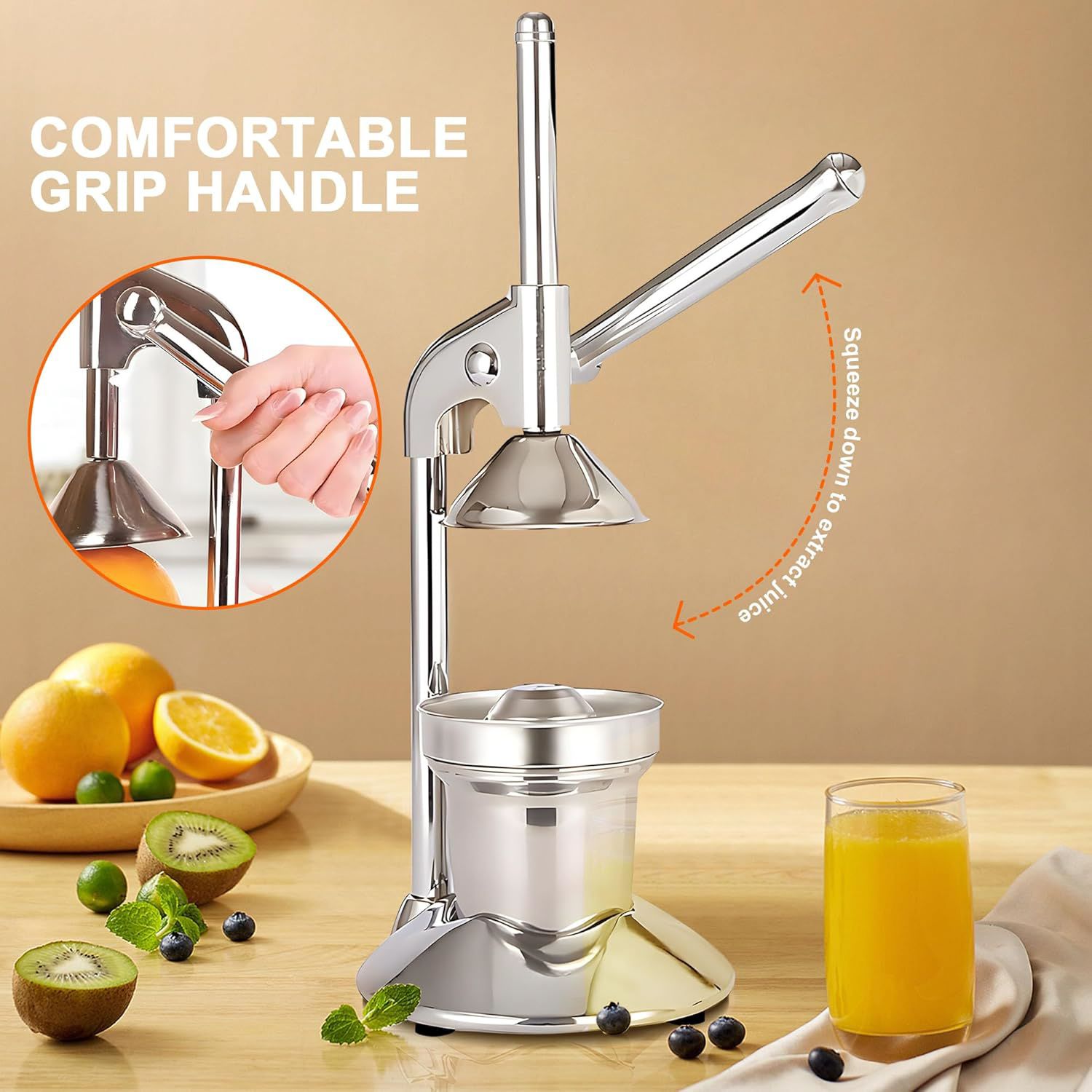Manual Juicer Press | Stainless Steel, Commercial Grade & Easy to Clean, Hand Press for Citrus/Orange, Professional Fruit Squeezer, Silver