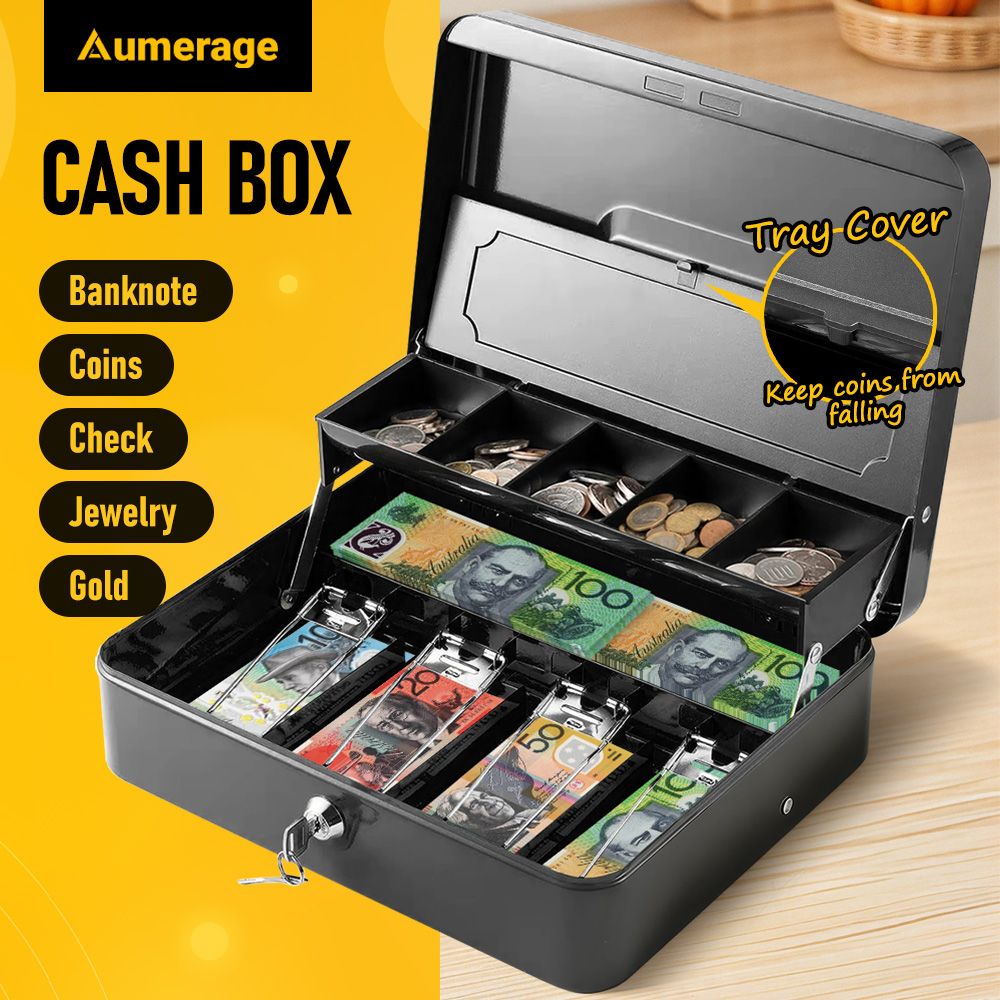 Lockable Cash Box with Coin Tray – Durable Metal Money Box with Key Lock for Bills & Change – White
