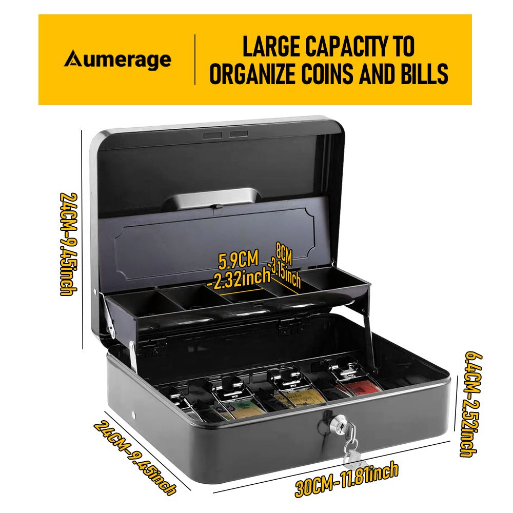 Lockable Cash Box with Coin Tray – Durable Metal Money Box with Key Lock for Bills & Change – White