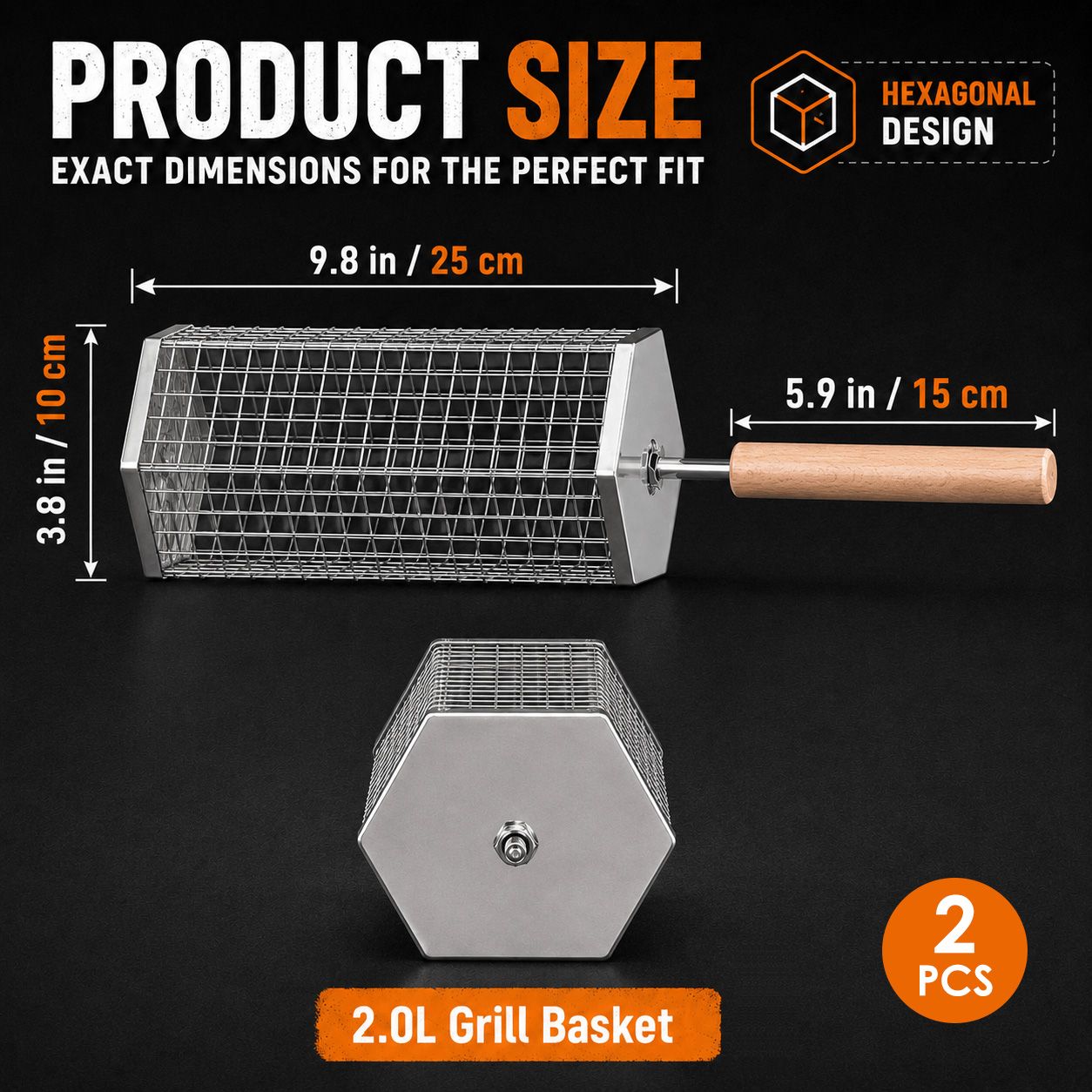 Rolling Grill Basket with Removable Handle, 304 Stainless Steel BBQ Grilling Basket for Vegetables, Fish, Shrimp & Meat