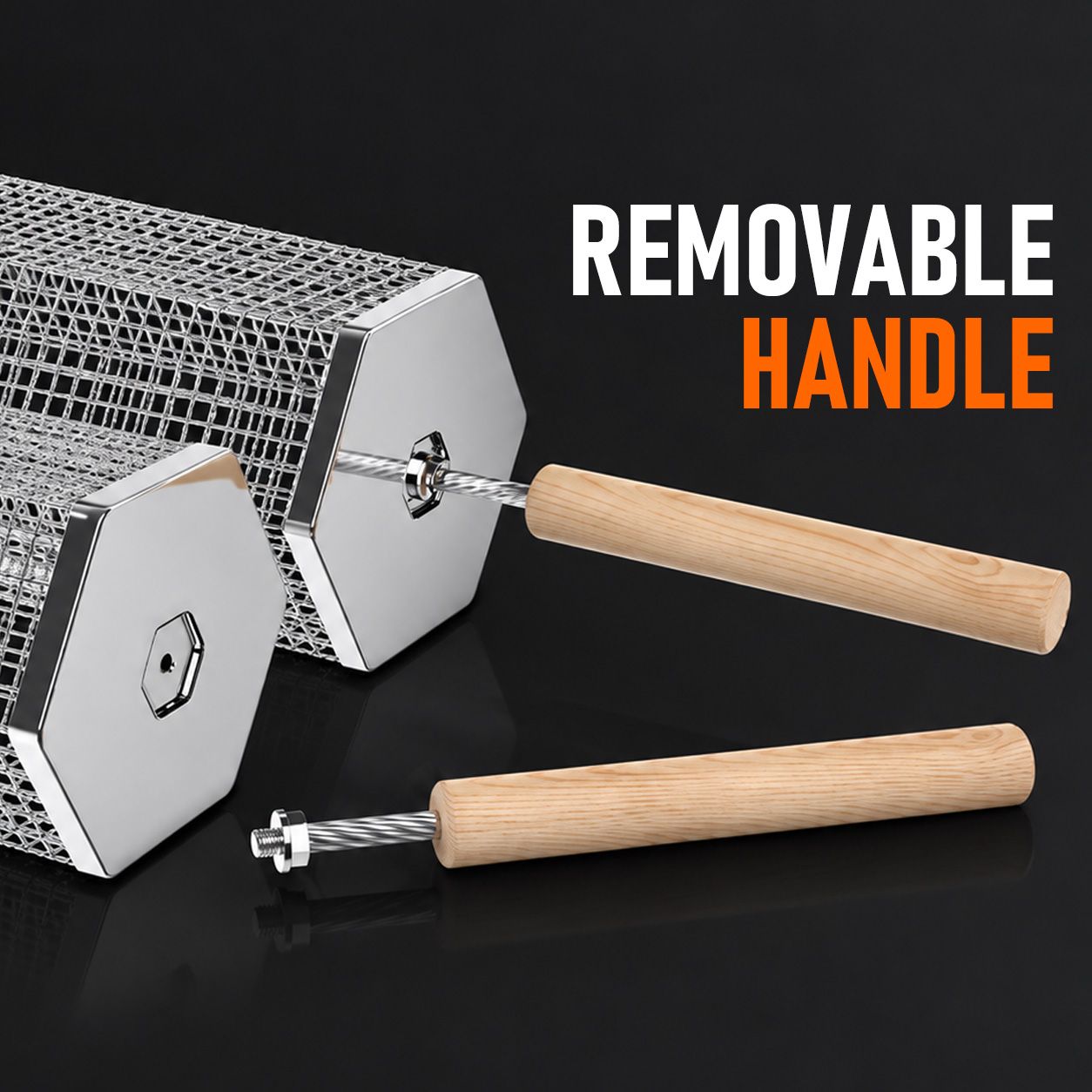 Rolling Grill Basket with Removable Handle, 304 Stainless Steel BBQ Grilling Basket for Vegetables, Fish, Shrimp & Meat