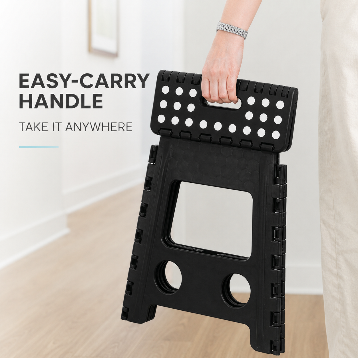 Portable Black Folding Stool with Carry Handle, Non-Slip Seat and TPR Feet, for Camping and Home(39x29x22cm)