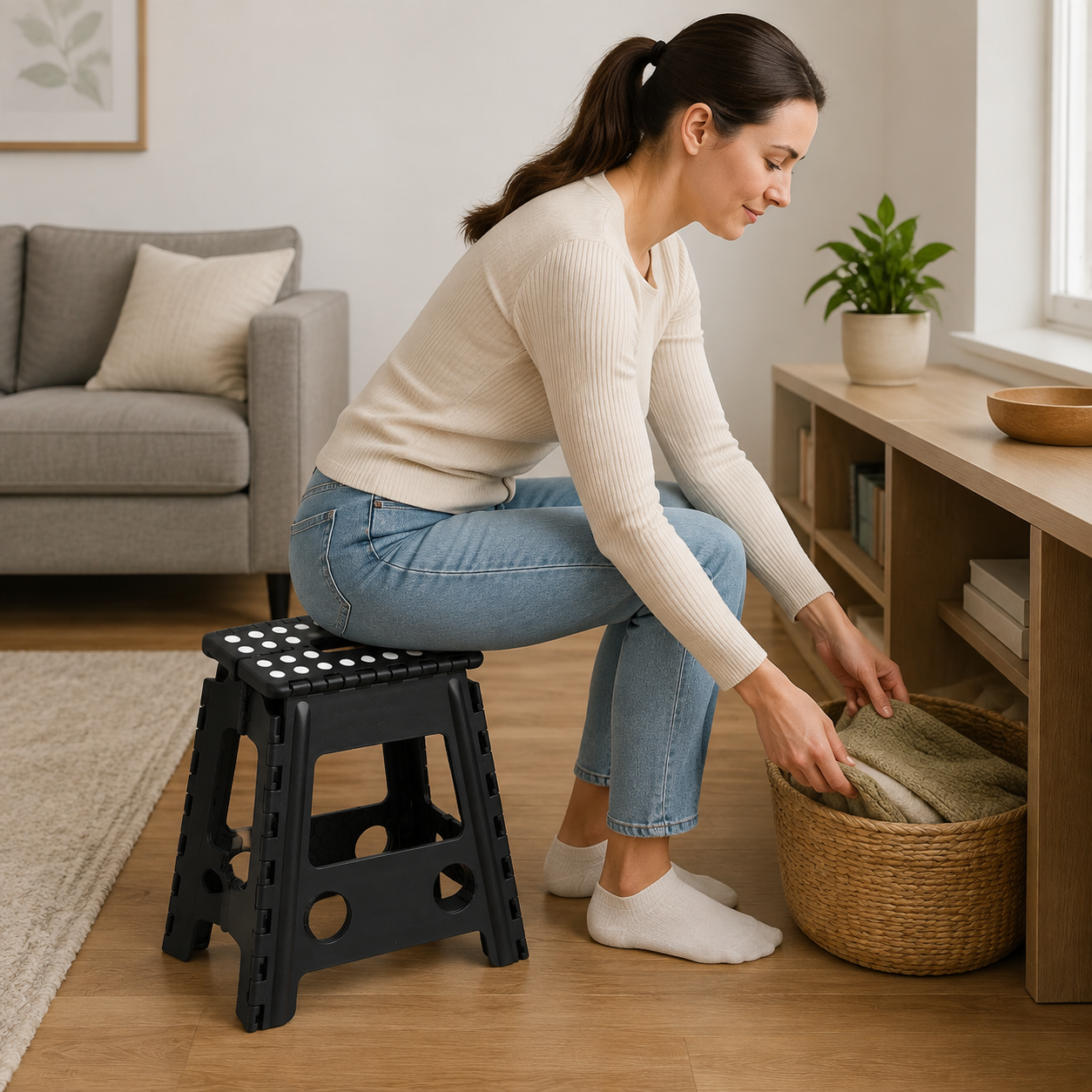 Portable Black Folding Stool with Carry Handle, Non-Slip Seat and TPR Feet, for Camping and Home(39x29x22cm)