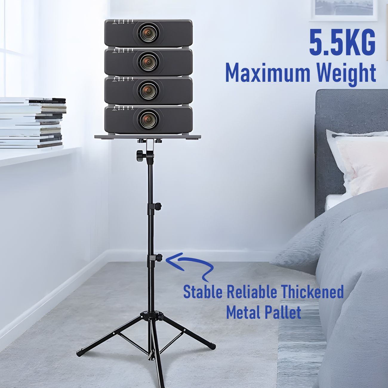 Adjustable Projector Stand with 360° Phone Holder, 57–125cm Folding Tripod Floor Stand for Laptop, Tablet & Projector