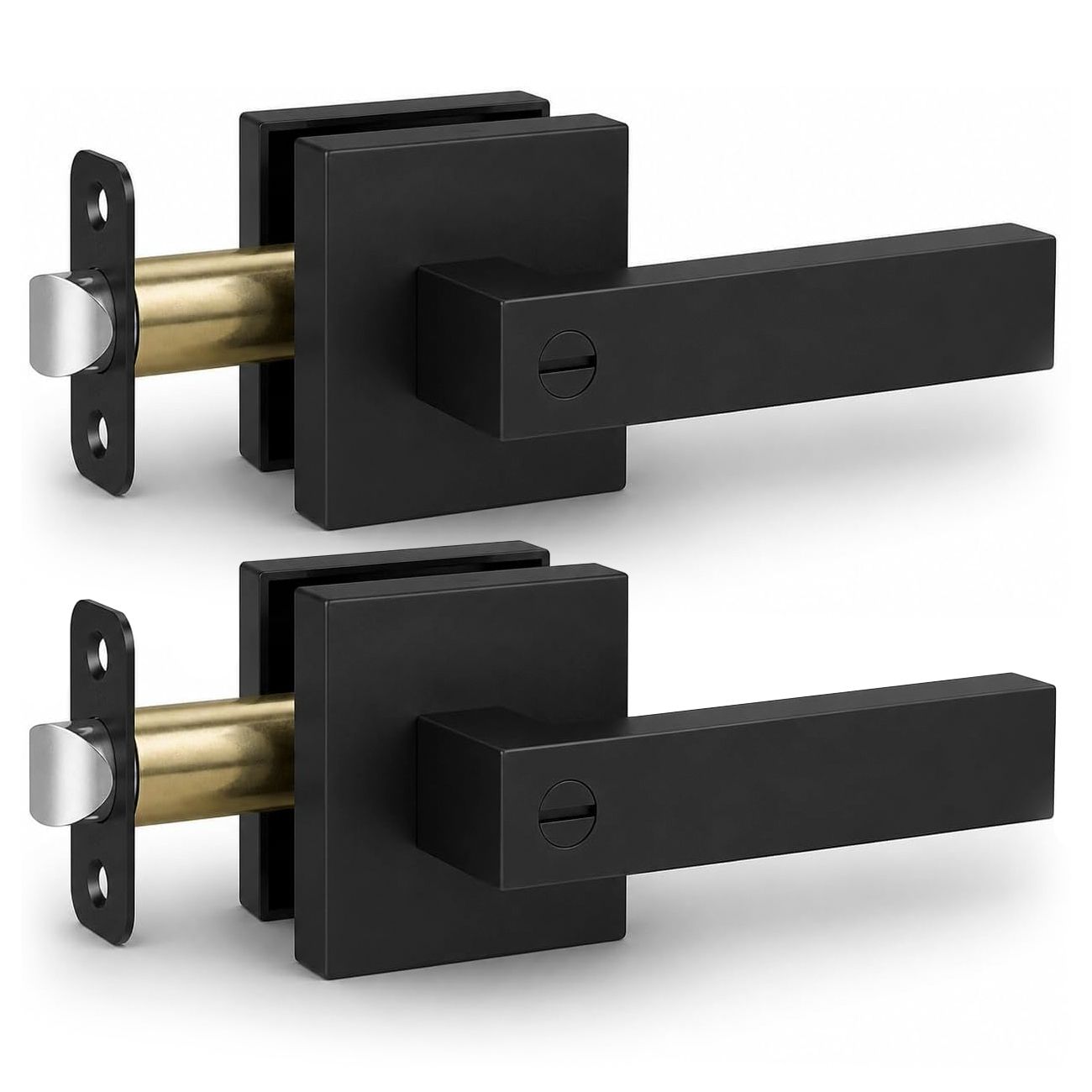 Matte Black Keyless Privacy Door Lever Handles, 2 Pack Heavy Duty Interior Door Lockset, Adjustable 60/70mm Backset, Reversible for Bedroom Bathroom Home Office