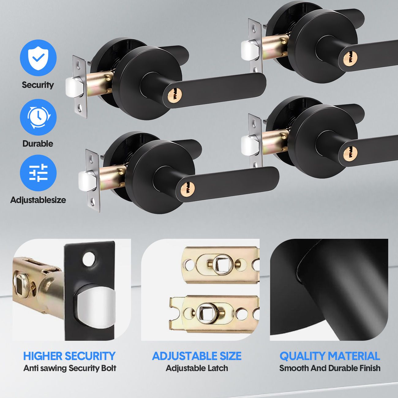 2 Pack Privacy Door Lever Handle with Key, Heavy Duty Interior Door Lock, Round Design, Matte Black