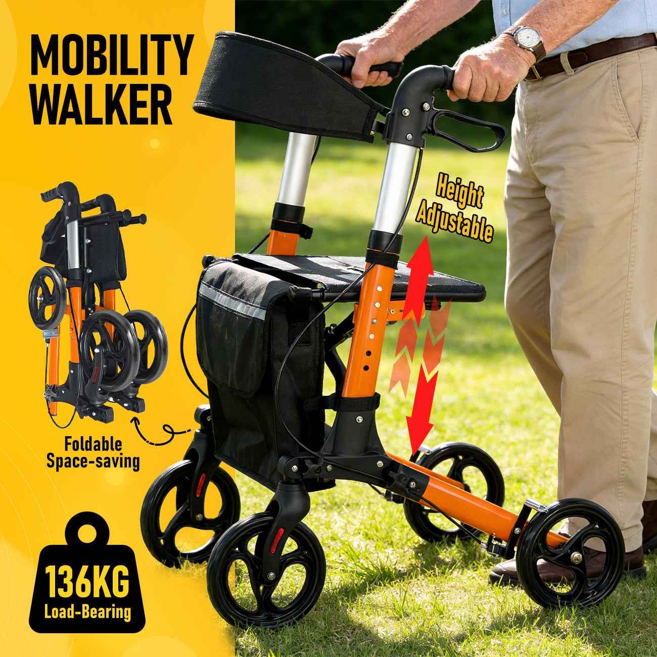 Foldable Aluminium Rollator Walker With Seat & Storage Bag, Adjustable Handles, 8" Wheels, Lightweight Walking Frame(66x60x93cm)