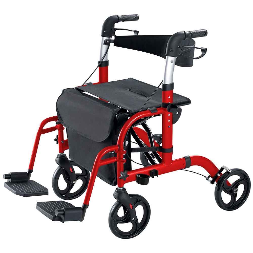 2-in-1 Foldable Aluminium Rollator Walker with Seat, Adjustable Handles, Storage Bag, 136kg Capacity(97x85x95cm)