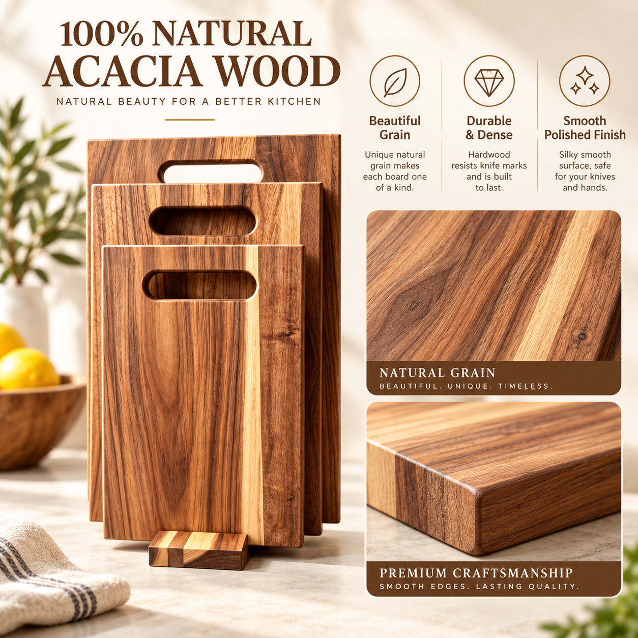 3Pcs Wooden Cutting Board Set with Storage Stand, Chopping Boards for Kitchen Food Preparation