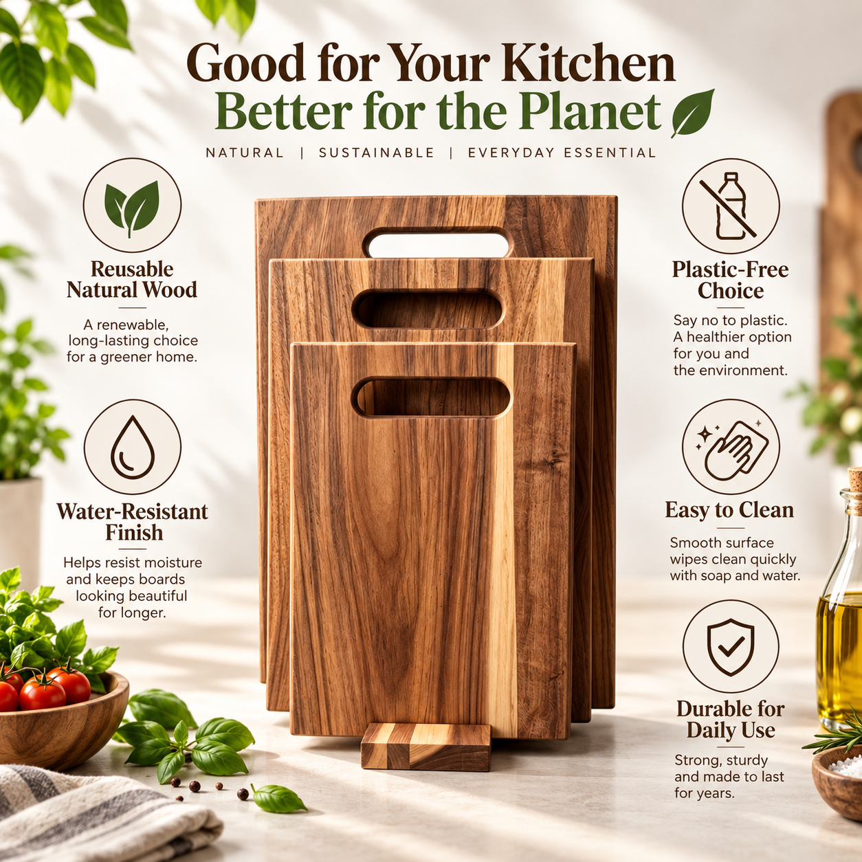 3Pcs Wooden Cutting Board Set with Storage Stand, Chopping Boards for Kitchen Food Preparation