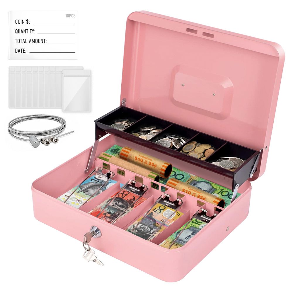 Lockable Metal Cash Box with 2 Keys, 4 Bill & 5 Coin Tray, Security Money Box with Anti-Loss Rope